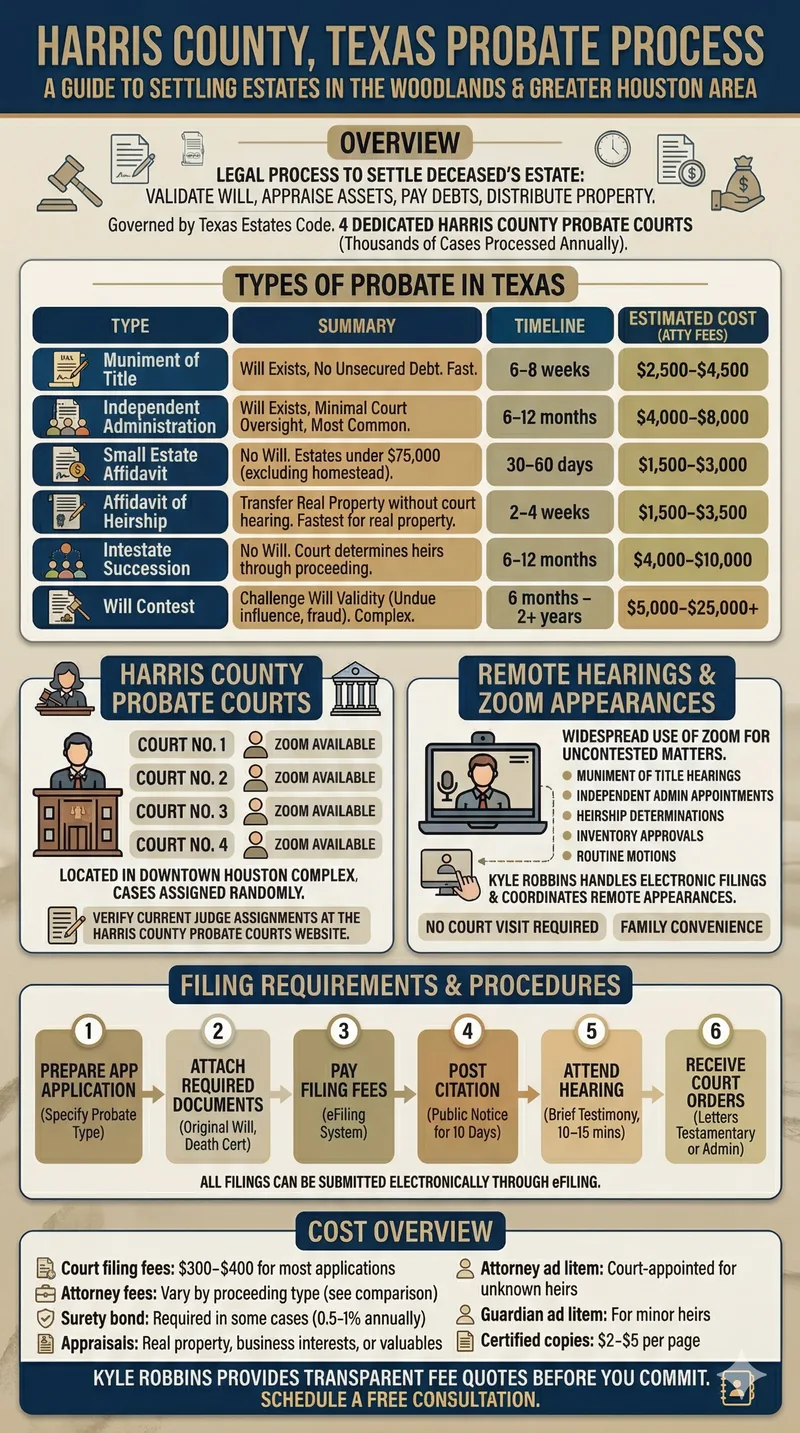 Infographic: Harris County Texas Probate Process — types of probate, court information, remote hearings, filing procedures, and cost overview
